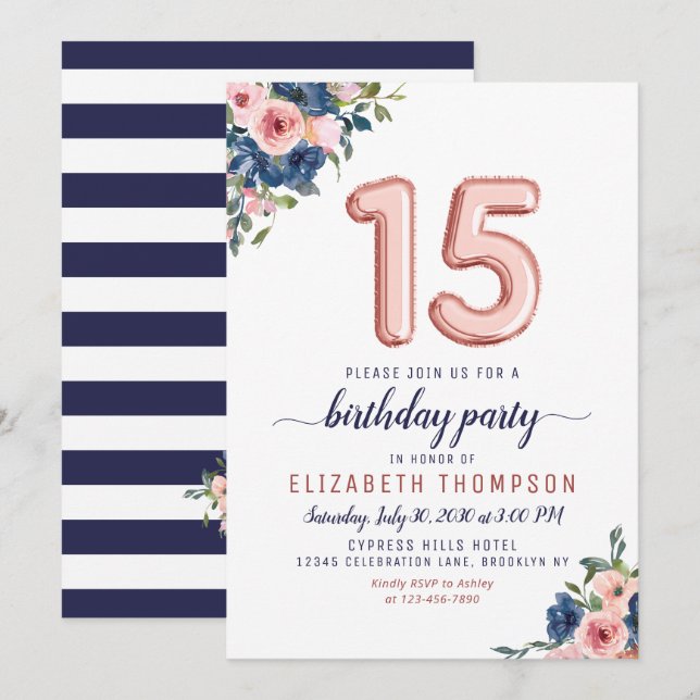 Floral Blush Navy Rose Gold Balloons 15th Birthday Invitation (Front/Back)