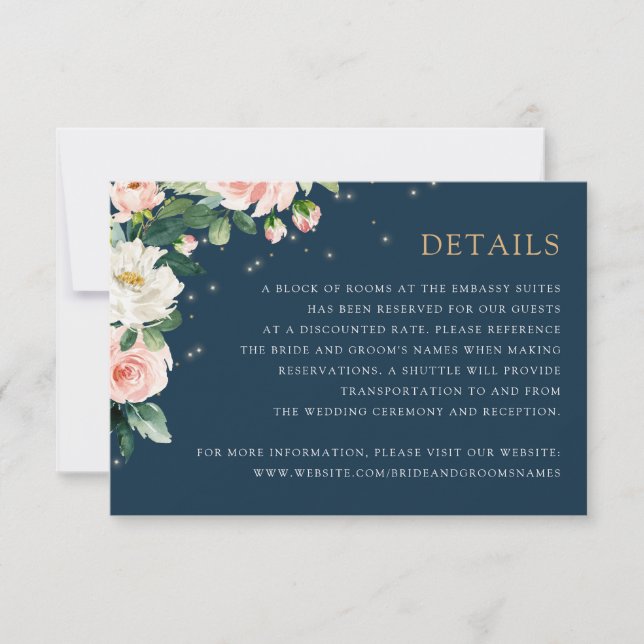 Floral Blush Navy String Lights Details Info Card (Front)