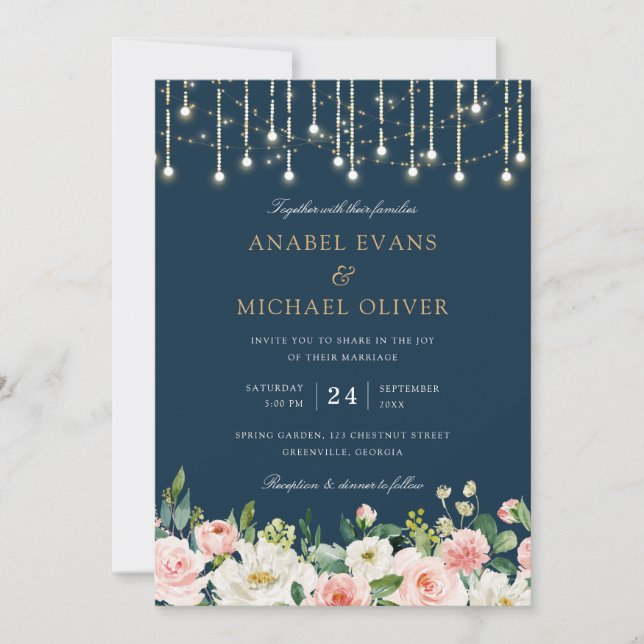 Floral Blush Navy String Lights Elegant Wedding Invitation (Front)