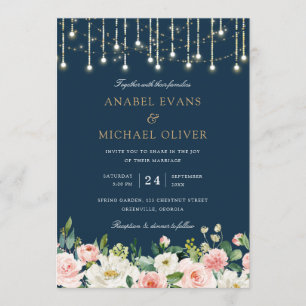 Floral Blush Navy String Lights Elegant Wedding Invitation