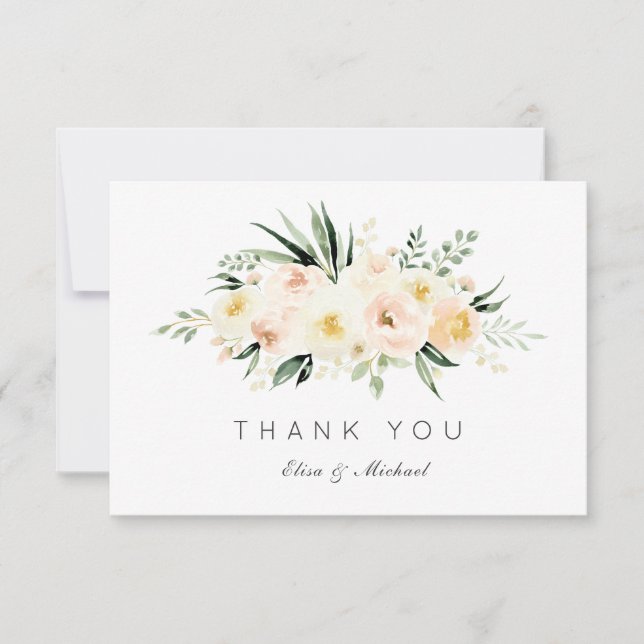 Floral Blush Peach Greenery Minimal Thank You Card (Front)