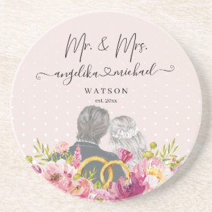 Floral Blush Peonies Trendy Script Mr. and Mrs. Coaster