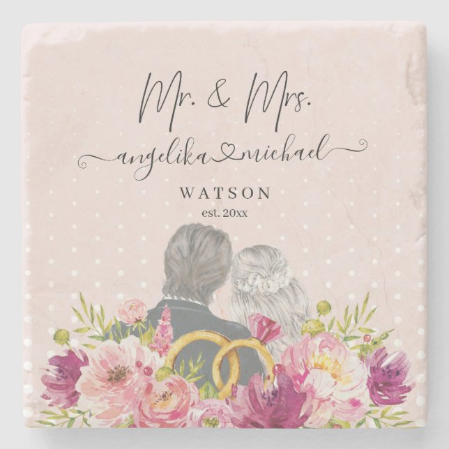 Floral Blush Peonies Trendy Script Mr. and Mrs. Stone Coaster (Front)
