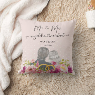 Floral Blush Peonies Trendy Script Mr. and Mrs. Throw Pillow