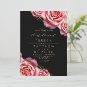 Floral Blush Pink and Black Modern Wedding Invitation