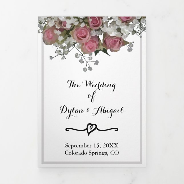 Floral Blush Pink and Dusty Sage Wedding Program Tri-Fold Programme (Cover)