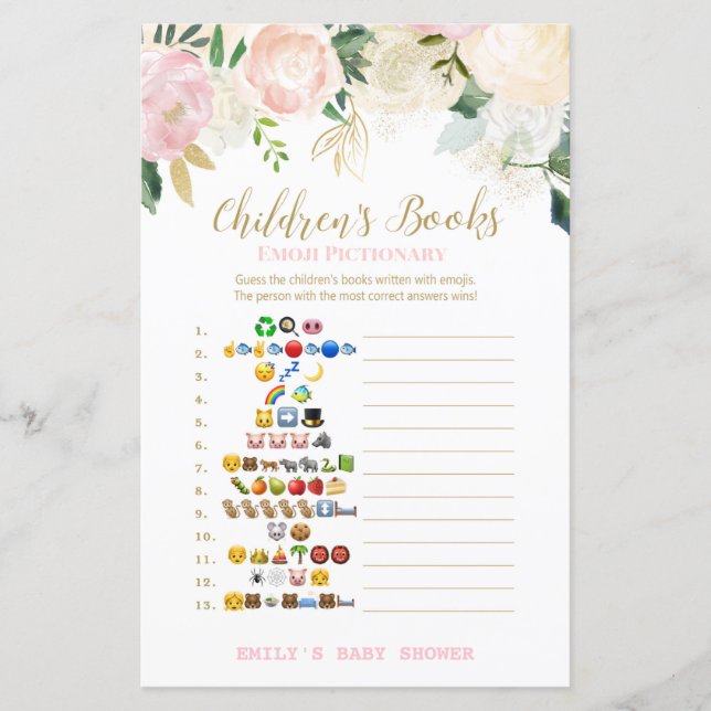 Floral Blush Pink and Gold Baby Shower Game PRINT (Front)