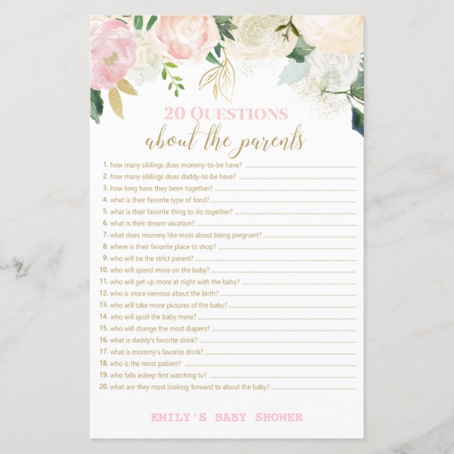 Floral Blush Pink and Gold Baby Shower Game PRINT (Front)