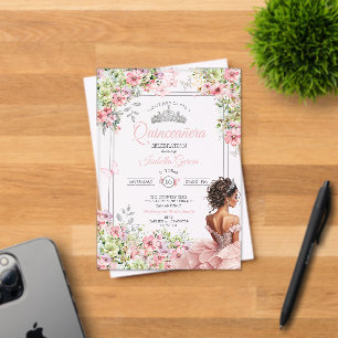Floral Blush Pink and Green Butterfly Quinceañera Acrylic Invitations