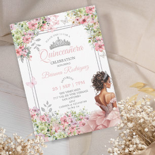 Floral Blush Pink and Green Butterfly Quinceañera Invitation