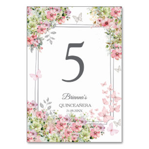 Floral Blush Pink and Green Butterfly Quinceañera  Table Number