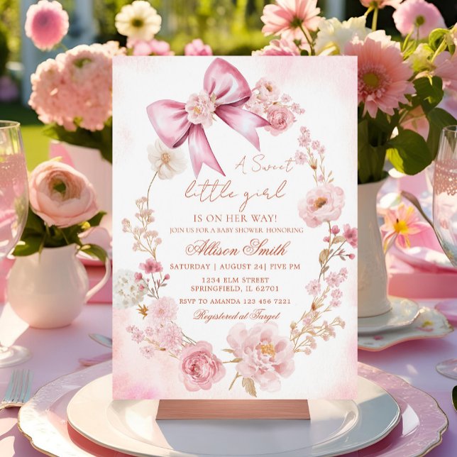 Floral Blush Pink Bow Baby Shower Invitation (Creator Uploaded)
