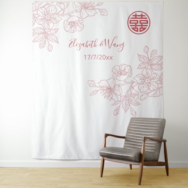 Floral Blush Pink Chinese Wedding Backdrop Tapestry (In Situ)