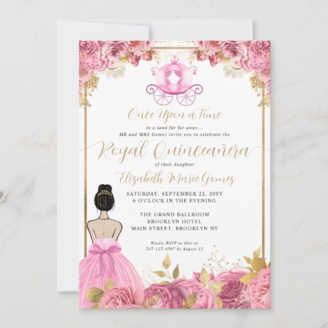 Floral Blush Pink Cinderella Royal Quinceanera Invitation (Front)