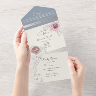 Floral Blush Pink Dusty Blue Wedding All In One Invitation