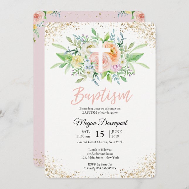 Floral blush pink elegant Baptism Invitation (Front/Back)