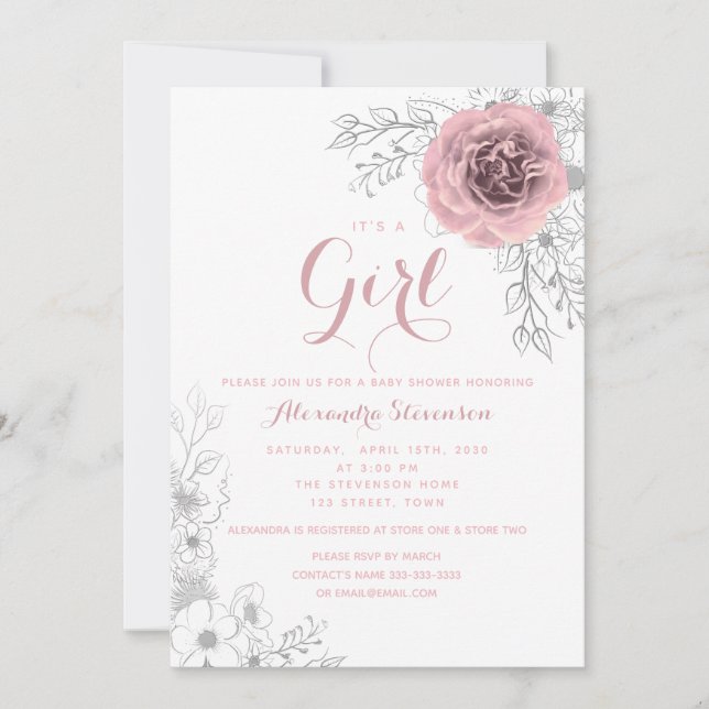 Floral Blush Pink Girl Baby Shower Invitation (Front)