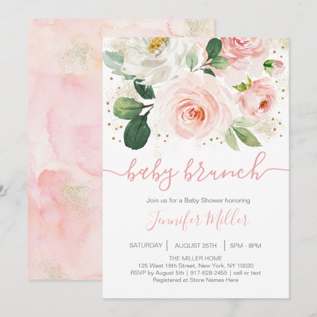 Floral Blush Pink & Gold Baby Shower Brunch Invitation (Front/Back)