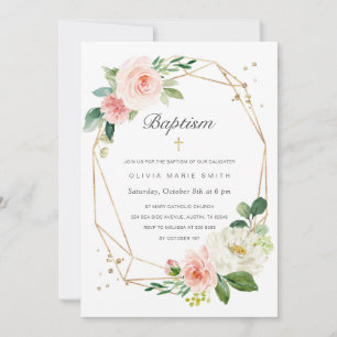 Floral Blush Pink Gold Baptism Invitation pour fil