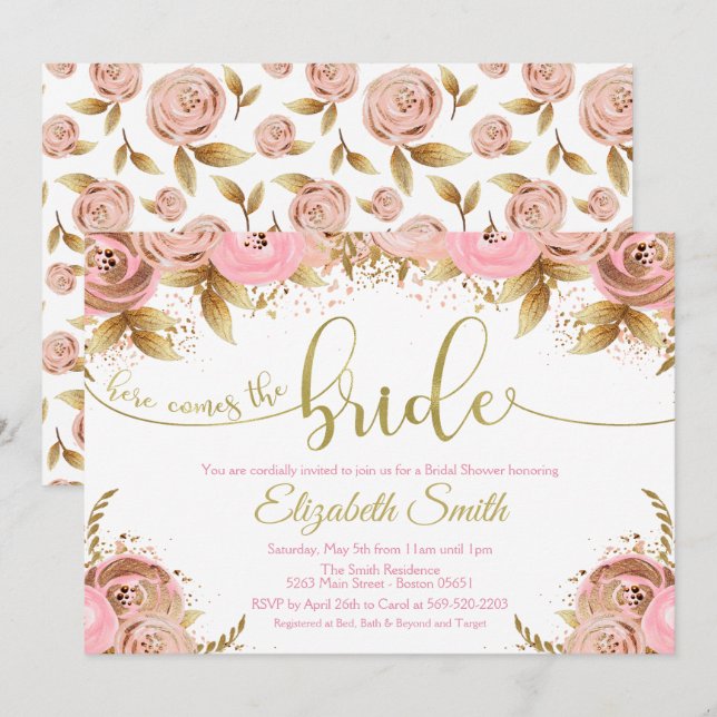 Floral Blush Pink & Gold Bridal Shower Invitation (Front/Back)