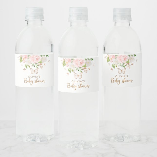Floral Blush pink, gold butterfly Water Bottle Label (Bottles)