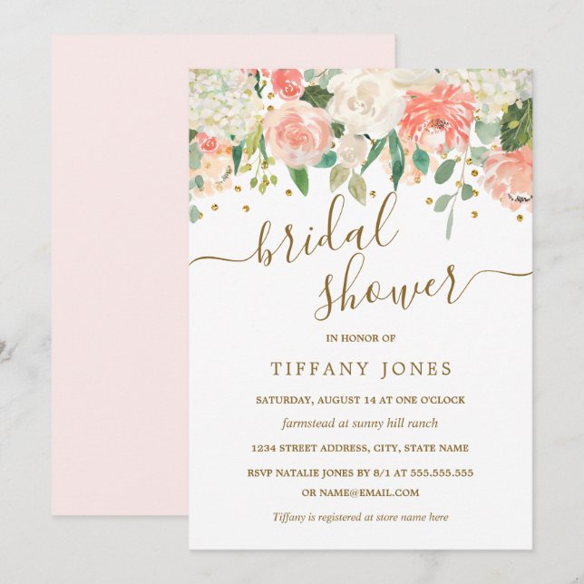 Floral Blush Pink Gold Confetti Bridal Shower Invitation (Front/Back)