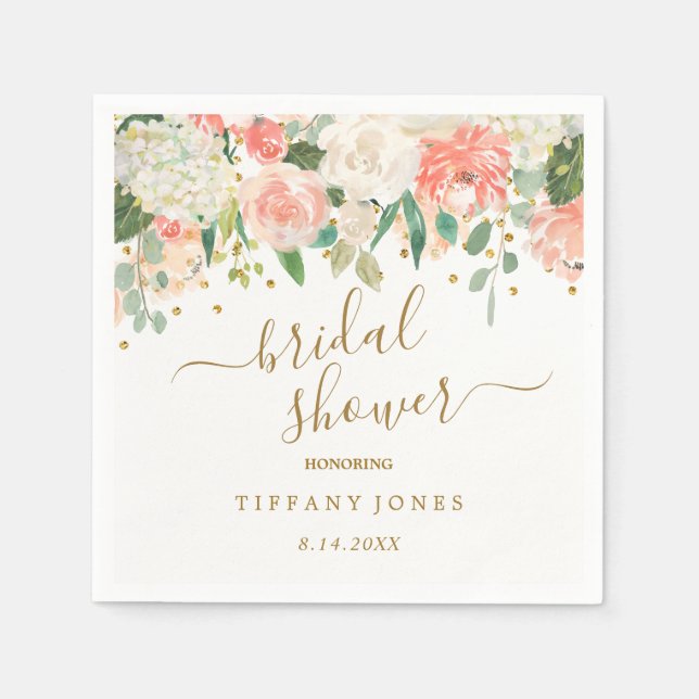 Floral Blush Pink Gold Confetti Bridal Shower Napkin (Front)