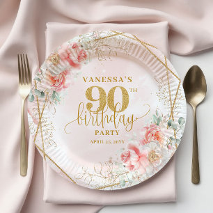 Floral Blush Pink Gold Frame Custom 90th Birthday  Paper Plate