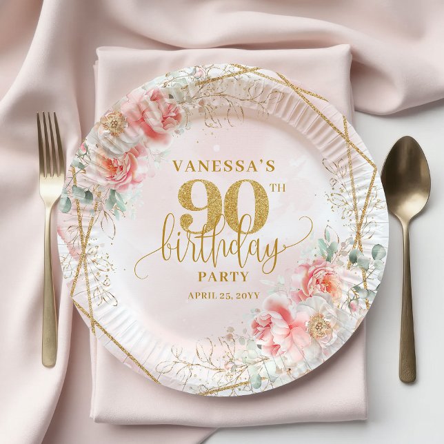 Floral Blush Pink Gold Frame Custom 90th Birthday  Paper Plate (Floral Blush Pink Gold Frame Custom 90th Birthday Plate)