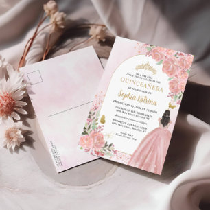 Floral Blush Pink Gold Gown Birthday Quinceanera Invitation Postcard