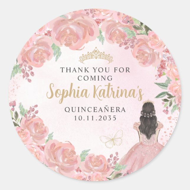 Floral Blush Pink Gold Quinceanera Birthday Favour Classic Round Sticker (Front)