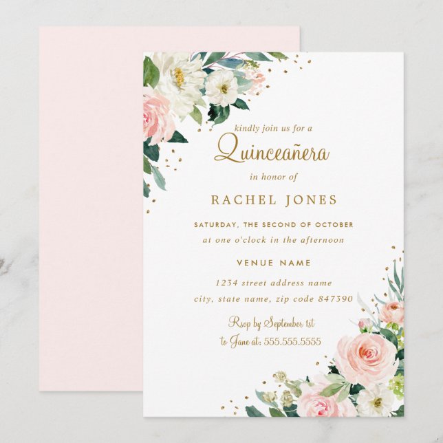 Floral Blush Pink Gold Quinceanera Invitation (Front/Back)