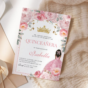 Floral Blush Pink Gold Quinceanera Princess Invitation