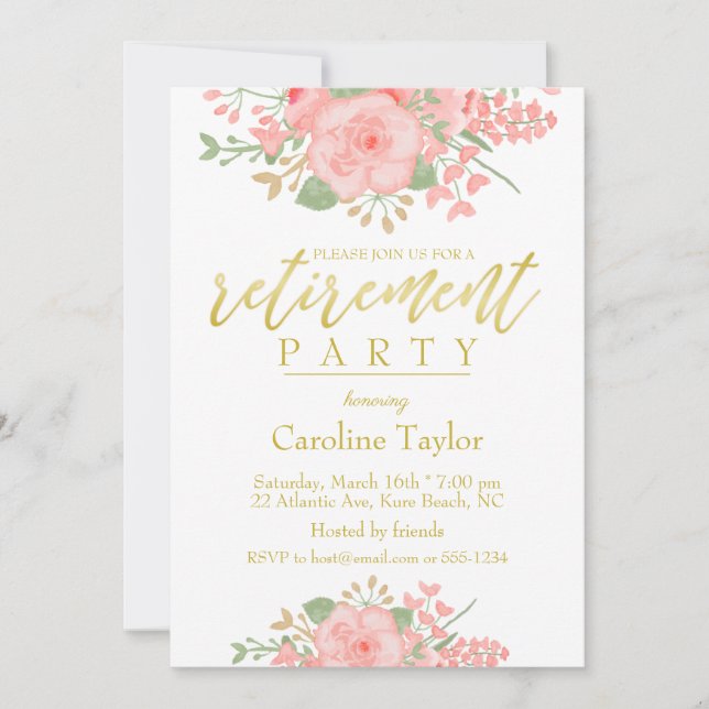 Floral Blush Pink Gold Retirement Party Invitation (Front)