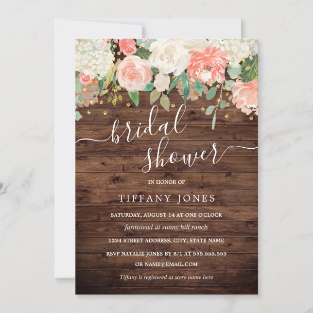 Floral Blush Pink Gold Rustic Wood Bridal Shower Invitation (Front)