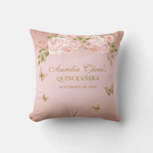 Floral Blush Pink Gold Tiara Butterfly Quinceanera Throw Pillow