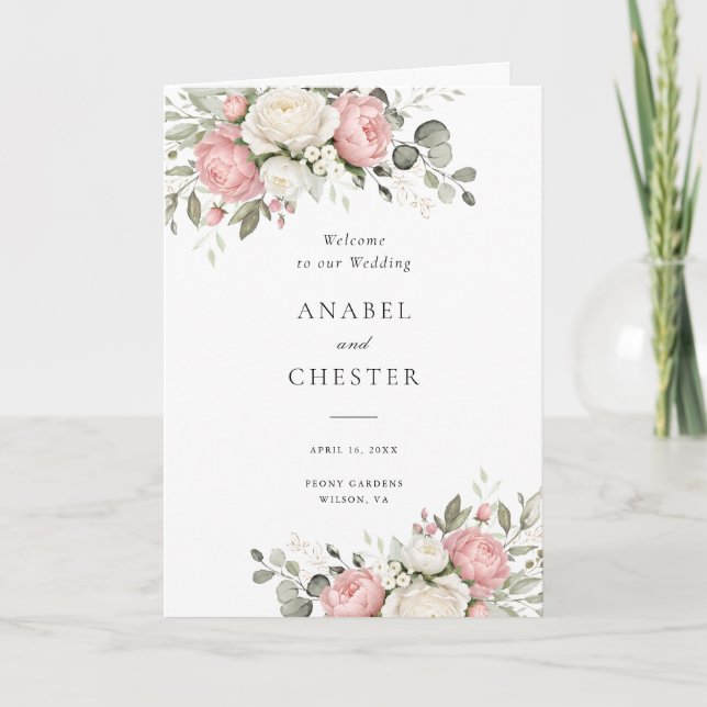 Floral Blush Pink Greenery Folded Wedding Program (Front)