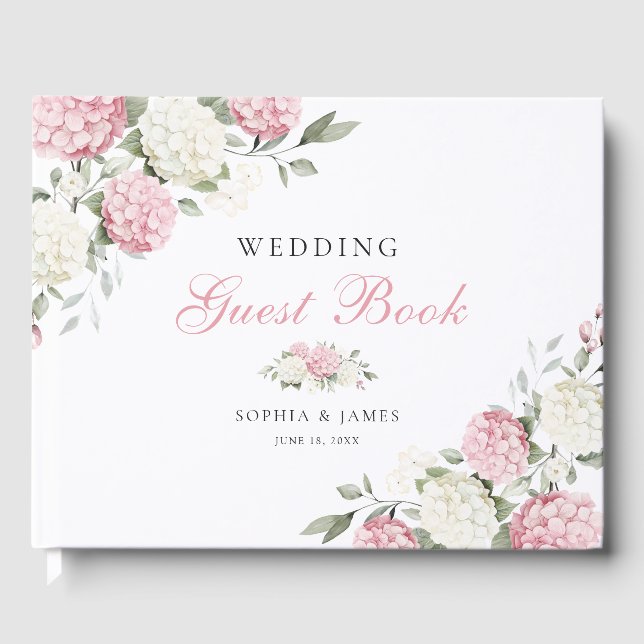 Floral Blush Pink Hydrangea Greenery Wedding Guest Book (Front)
