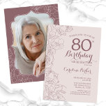 Floral Blush Pink Mauve Photo 80th Birthday Party Invitation<br><div class="desc">Floral Blush Pink and Mauve Photo 80th Birthday Party Invitation. Minimalist modern design featuring botanical outline drawings accents and typography script font. Simple trendy invite card perfect for a stylish female bday celebration. Can be customized to any age. Printed Zazzle invitations or instant download digital printable template.</div>