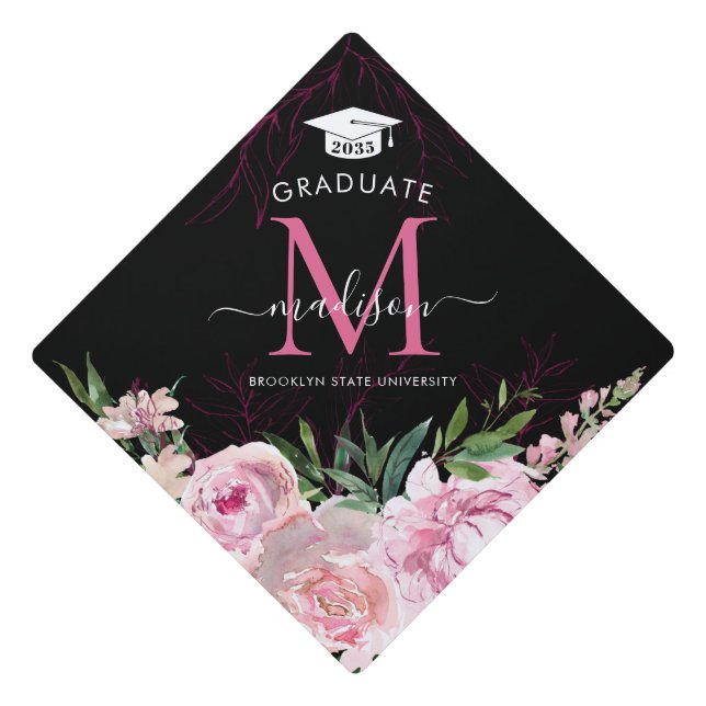 Floral Blush Pink Monogram Girly Script Class Grad Graduation Cap Topper (Front)
