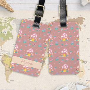Floral Blush Pink Mushroom Pattern Name Luggage Tag