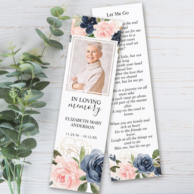 Floral Blush Pink Navy Blue Funeral Bookmark (Creator Uploaded)