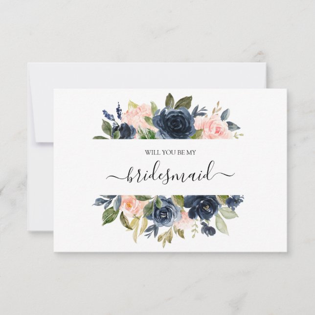 Floral Blush Pink Navy Bouquet Will You Be My Card (Front)