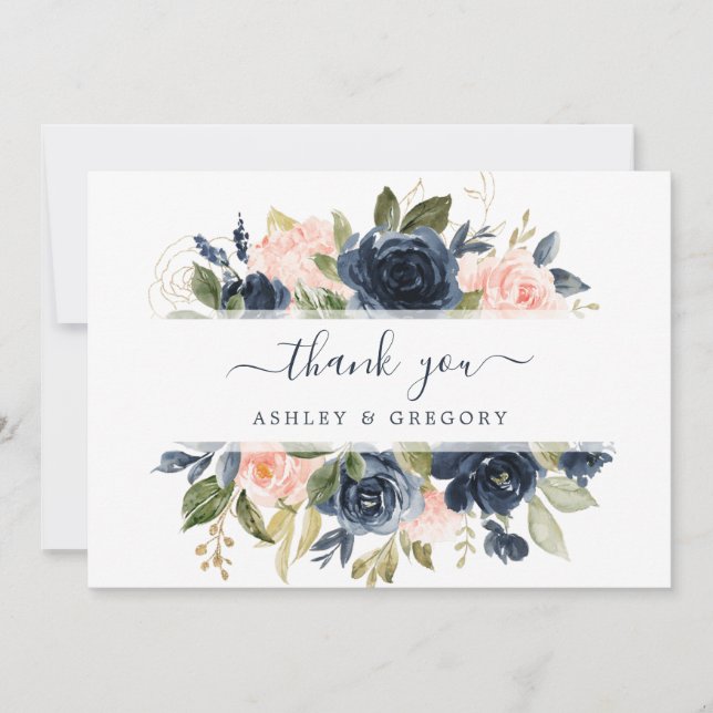 Floral Blush Pink & Navy Frame Elegant Thank You Card (Front)