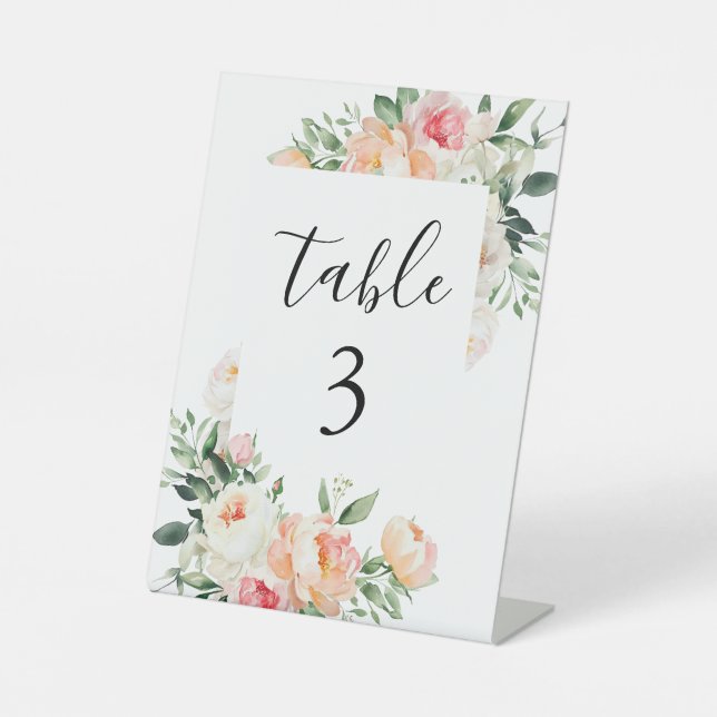 Floral Blush Pink Peonies Wedding Table Number Tab Pedestal Sign (Front)