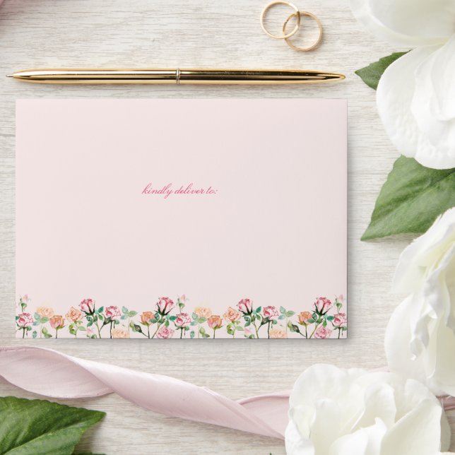 Floral Blush Pink Pre-Addressed Wedding Invitation Envelope (Wedding)