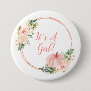Floral Blush Pink Pumpkin It's A Girl 3 Inch Round Button