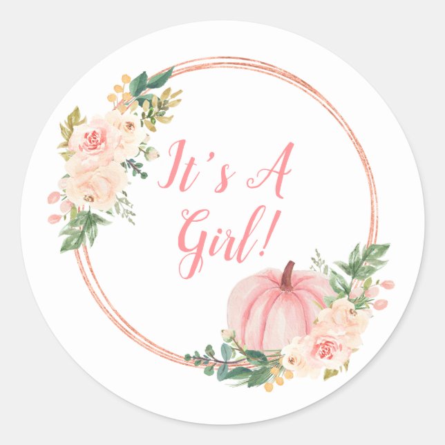 Floral Blush Pink Pumpkin It's A Girl Classic Round Sticker (Front)