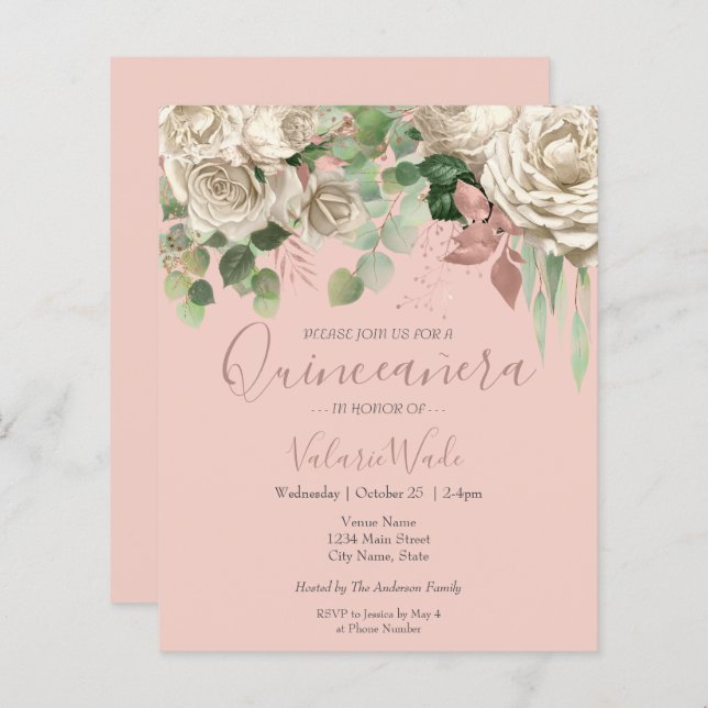 Floral Blush Pink Quinceanera Budget Invitation (Front/Back)