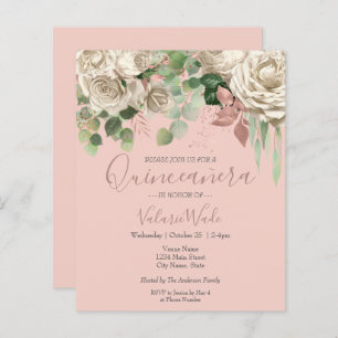 Floral Blush Pink Quinceanera Budget Invitation